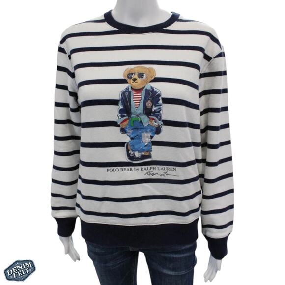 POLO RALPH LAUREN Men’s Navy Blue/White Polo Bear Striped Fleece Sweatshirt - Picture 2 of 16